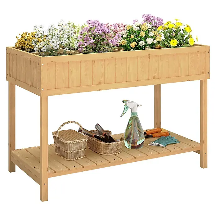Outsunny Kräuterhochbeet - L x B x H: 110 x 46 x 76 cm - Hochbeet aus Holz mit Ablagefläche, gefüllt mit bunten Blumen und Gartengeräten.