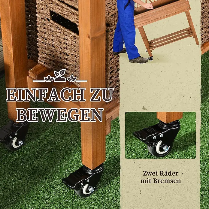 Furnicato Hochbeet inkl. Rankgitter oder Hilfe - 130 x 79 x 130 cm, Holz, Braun - Holz-Pflanzkasten auf Rollen zur einfachen Bewegung, Nahaufnahme einer Bremsrolle.