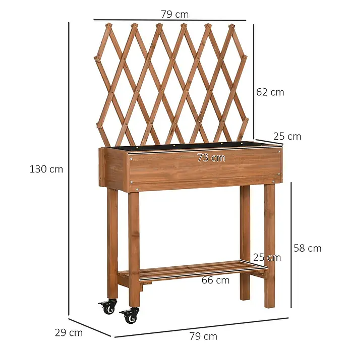 Outsunny Kräuterhochbeet - Material: Holz - Brauner Holzpflanzkasten mit Rautenrankgitter, unterem Lattenregal und Rollen für einfache Mobilität.