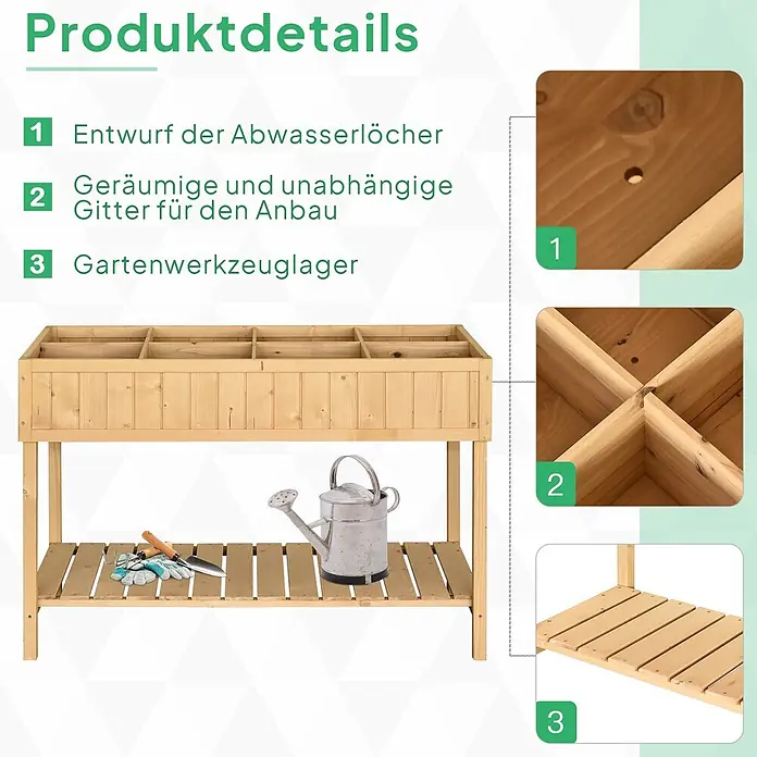 Outsunny Kräuterhochbeet - L x B x H: 110 x 46 x 76 cm - Naturholz-Hochbeet mit Abflusslöchern, unabhängigen Pflanzfächern und unterer Ablage für Gartengeräte.
