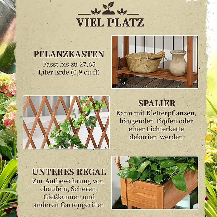 Furnicato Hochbeet inkl. Rankgitter oder Hilfe - 130 x 79 x 130 cm, Holz, Braun - Braunes Pflanzgefäß aus Holz mit Spalier für Kletterpflanzen und Ablagefach für Gartengeräte.