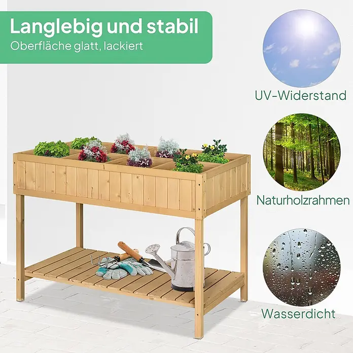 Outsunny Kräuterhochbeet - L x B x H: 110 x 46 x 76 cm - Hölzernes Hochbeet mit mehreren Pflanzfächern und einer unteren Ablage, gefüllt mit Pflanzen und Gartengeräten.