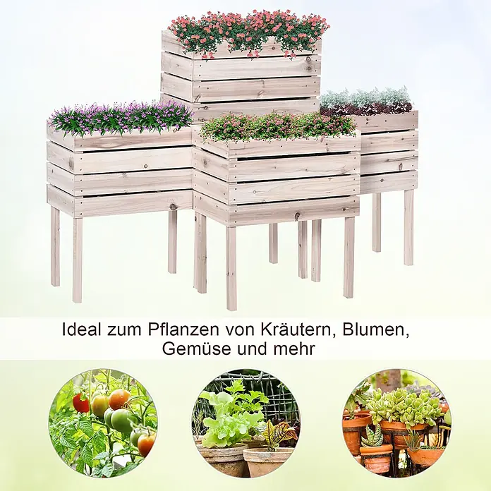 Outsunny Kräuterhochbeet - Material: Holz - Mehrstufige helle Hochbeete aus Holz auf Beinen, ideal zum Anpflanzen von Kräutern, Blumen und Gemüse.