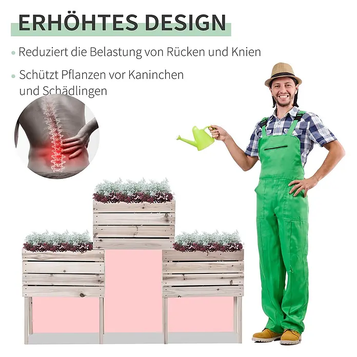Outsunny Kräuterhochbeet - Material: Holz - Drei erhöhte Hochbeete aus hellem Holz mit Pflanzen, von einem Gärtner bewässert.