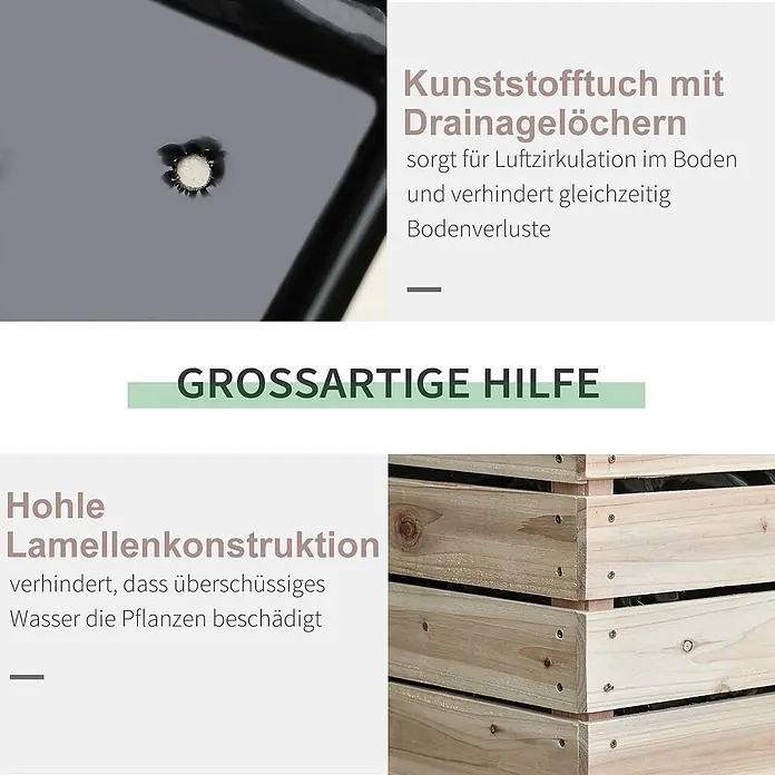 Outsunny Kräuterhochbeet - Material: Holz - Nahaufnahme eines Holzhochbeets mit hohler Lamellenkonstruktion und einer schwarzen Kunststofffolie mit Drainagelöchern.