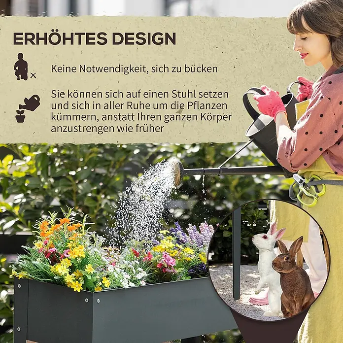 Outsunny Kräuterhochbeet - Material: Metall - Dunkles Hochbeet mit Blumen, von einer Frau gegossen, für bequemes Gärtnern ohne Bücken.