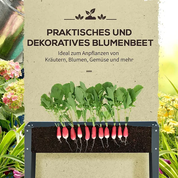 Outsunny Kräuterhochbeet - Material: Metall - Dunkelgraues Hochbeet mit gepflanzten Radieschen, in einer Gartenumgebung.