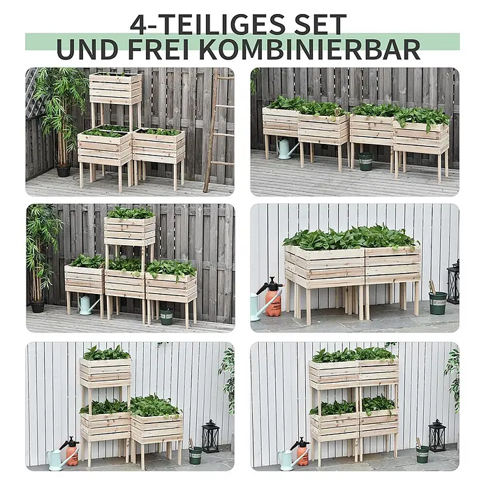 Outsunny Kräuterhochbeet - Material: Holz - Vier modulare Hochbeete aus hellem Holz, in verschiedenen Konfigurationen auf einer Terrasse gezeigt.