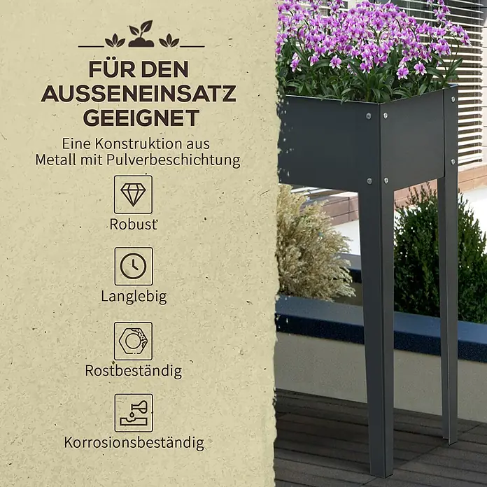 Outsunny Kräuterhochbeet - Material: Metall - Dunkelgrauer, pulverbeschichteter Metall-Pflanzkasten mit lila Blumen, ideal für den Außeneinsatz auf einem Balkon.