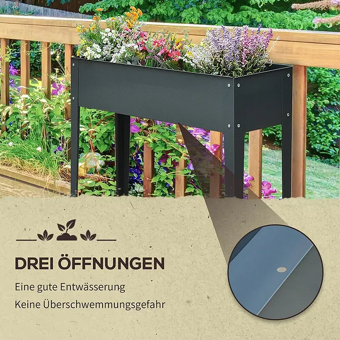 Outsunny Kräuterhochbeet - Material: Metall - Schwarzer Metall-Hochbeetkasten mit bunten Blumen auf einer Terrasse; ein Detail zeigt ein Ablaufloch.