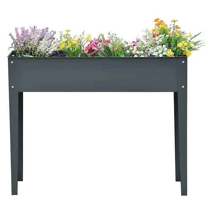 Outsunny Kräuterhochbeet - Material: Metall - Dunkelgraues Hochbeet gefüllt mit bunten Kunstblumen.