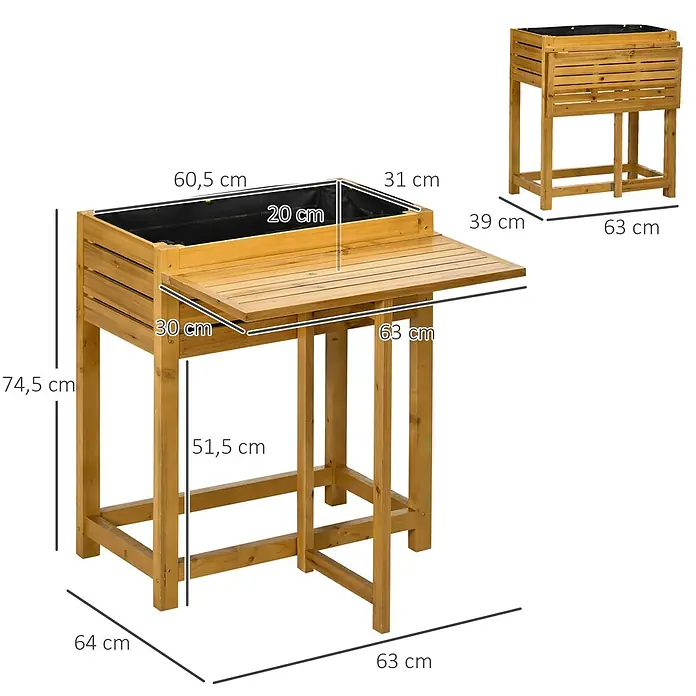 Outsunny Kräuterhochbeet - Material: Holz - Erhöhtes Hochbeet aus Holz mit schwarzer Einlage und ausziehbarer Seitenablage, Maße angegeben.