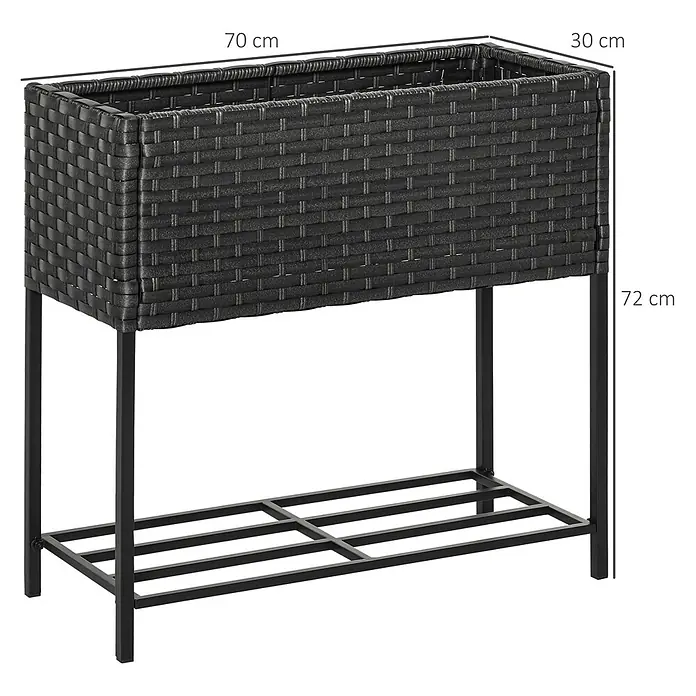 Outsunny Kräuterhochbeet - Material: Metall - Schwarzer Rattan-Hochbeet (70x30x72cm) auf Metallgestell mit Ablagefach.