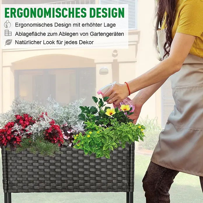 Outsunny Kräuterhochbeet - Material: Metall - Dunkelbraunes Hochbeet in Flechtoptik mit Pflanzen, von Person gegossen, ergonomisches Design.