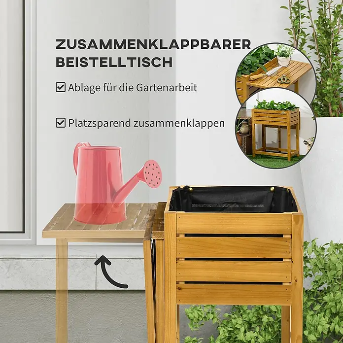 Outsunny Kräuterhochbeet - Material: Holz - Holz-Hochbeet mit integriertem, klappbaren Beistelltisch für Gartenarbeiten, gezeigt mit einer roten Gießkanne.