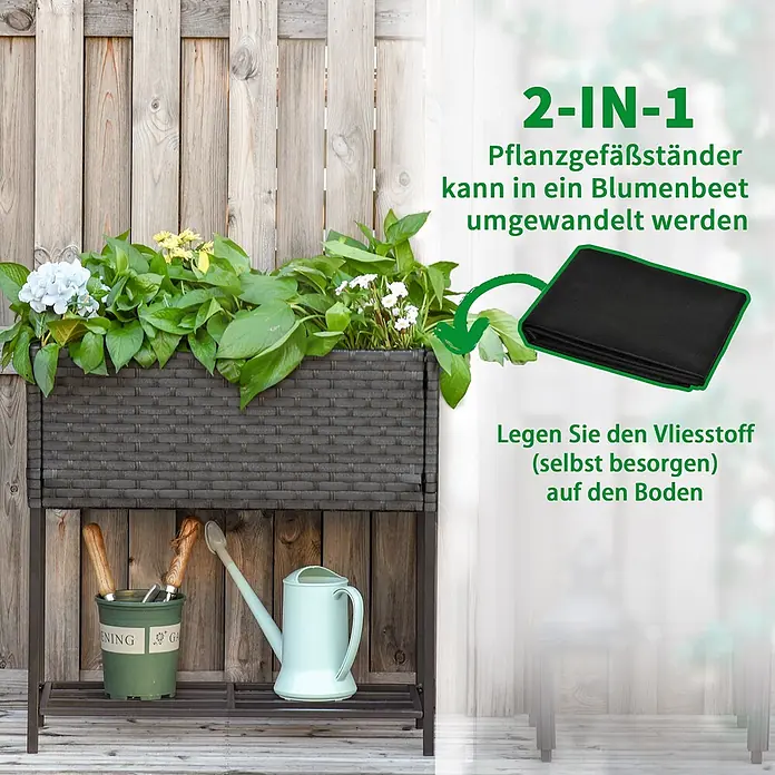 Outsunny Kräuterhochbeet - Material: Metall - Dunkelbrauner Hochbeet-Pflanzständer im Rattan-Stil mit Metallrahmen und Ablagefach.