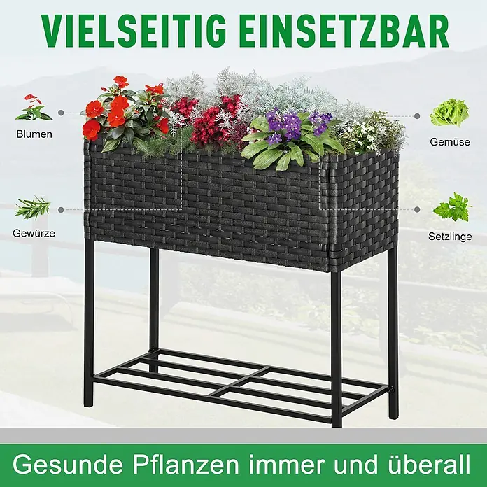 Outsunny Kräuterhochbeet - Material: Metall - Schwarzes Hochbeet im Rattan-Stil auf Metallgestell, gefüllt mit verschiedenen Blumen, Kräutern und Gemüse, ideal für vielseitiges Pflanzen im Freien.