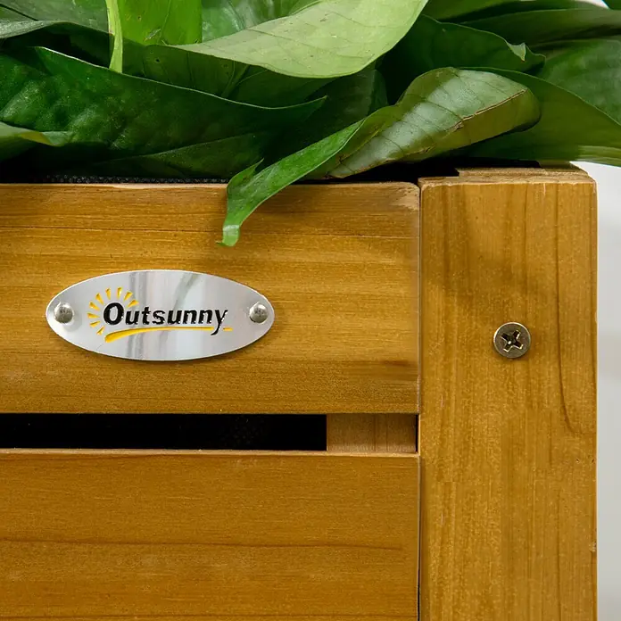 Outsunny Kräuterhochbeet - Material: Holz - Hellbrauner Blumenkasten aus Holz mit grünen Pflanzen und "Outsunny"-Markenschild.