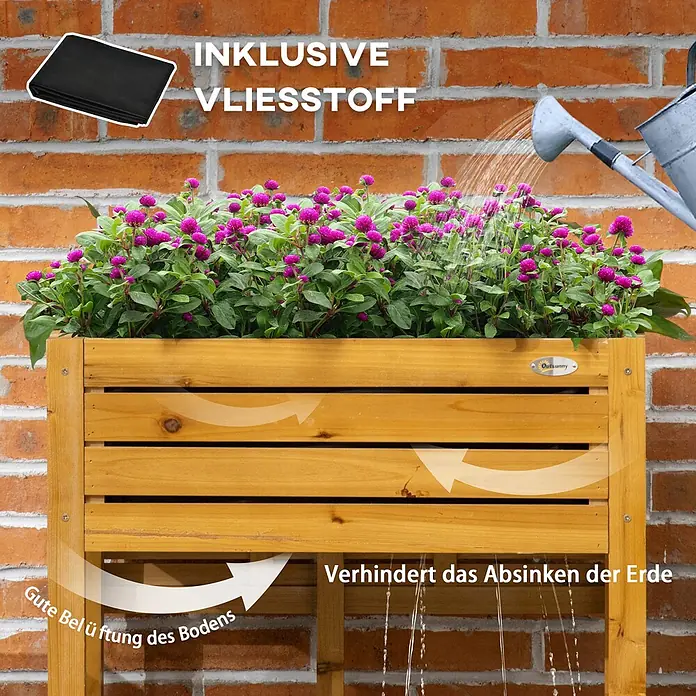 Outsunny Kräuterhochbeet - Material: Holz - Hölzernes Hochbeet mit lila Blumen wird gegossen, zeigt gute Belüftung und inklusiven Vliesstoff.