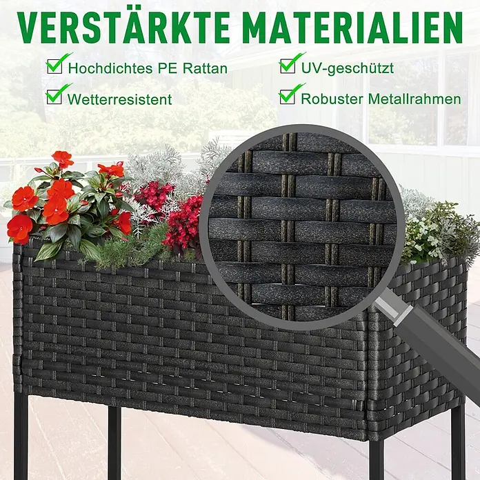 Outsunny Kräuterhochbeet - Material: Metall - Schwarzes Hochbeet aus geflochtenem PE-Rattan mit robustem Metallrahmen, das UV-beständige und wetterfeste Materialien hervorhebt.