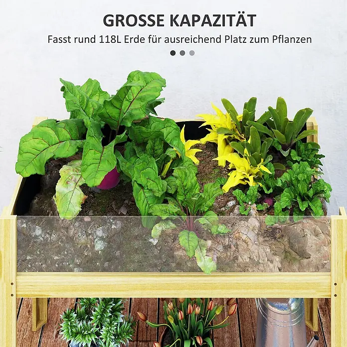 Outsunny Kräuterhochbeet - Material: Holz - Hölzernes Hochbeet mit verschiedenen Pflanzen; ein unteres Regal beherbergt weitere Topfpflanzen und eine Gießkanne.