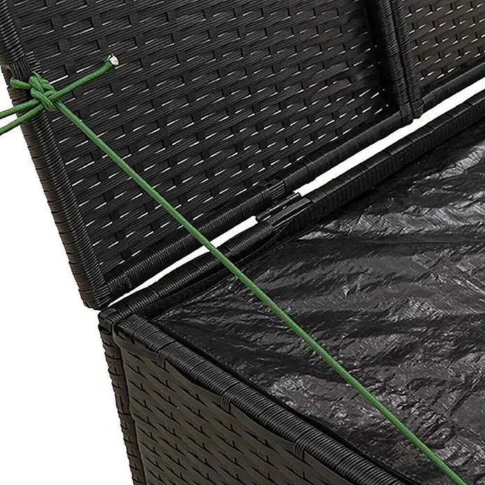 Furnicato Garten-Aufbewahrungsbox - L x B x H: 75 x 80 x 59 cm, Schwarz, Kunststoff - Schwarze Outdoor-Aufbewahrungsbox aus Rattan mit offenem Deckel, schwarzem Innenfutter und grüner Kordelstütze.
