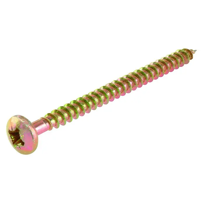 Stabilit SpanplattenschraubeØ x L: 6 x 40 mm, Passiviert, 6 Stk., Panhead, Kopf-Kreuzschlitz (Pozidriv) - Nahaufnahme einer gelb verzinkten Holzschraube mit Kreuzschlitzkopf, die auf einem weißen Hintergrund liegt.