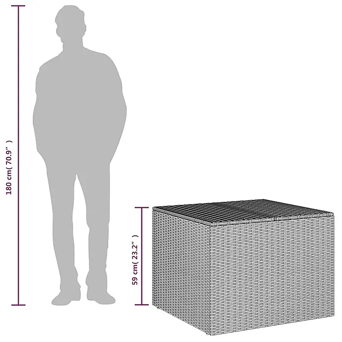 Furnicato Garten-Aufbewahrungsbox - Schwarz, Kunststoff - Dunkle Rattan-Aufbewahrungsbox, 59 cm hoch, mit menschlicher Silhouette als Größenvergleich.