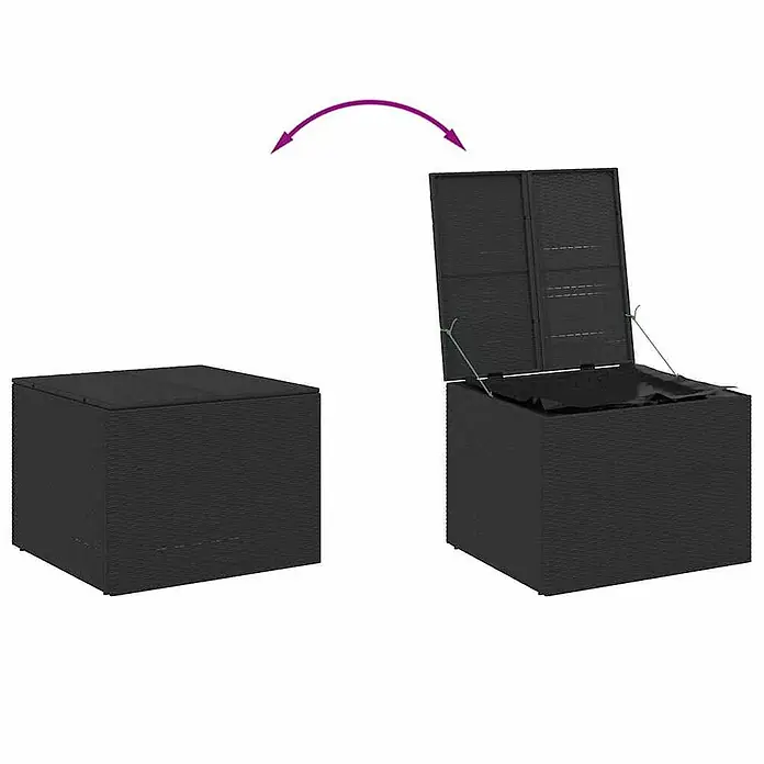 Furnicato Garten-Aufbewahrungsbox - L x B x H: 75 x 80 x 59 cm, Schwarz, Kunststoff - Schwarze Aufbewahrungsbox im Rattan-Stil, geschlossen und offen, zeigt den aufklappbaren Deckel mit Stütze und Innenfutter.