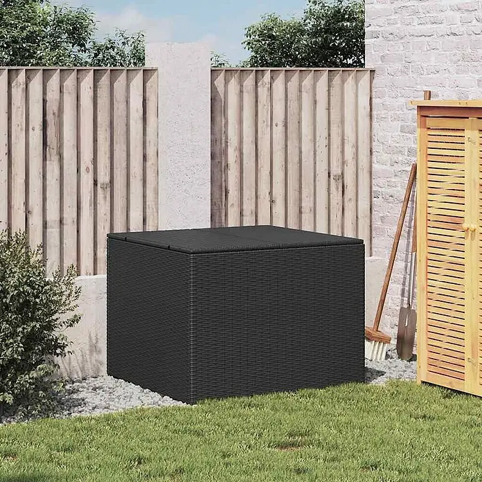 Furnicato Garten-Aufbewahrungsbox - Schwarz, Kunststoff - Schwarze Outdoor-Aufbewahrungsbox in Rattan-Optik im Garten.
