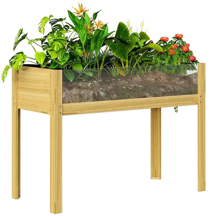 Outsunny Kräuterhochbeet - Material: Holz - Hölzernes Hochbeet mit klarer Seitenwand, gefüllt mit verschiedenen Grünpflanzen und bunten Blumen.