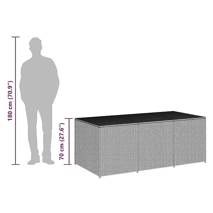 Furnicato Garten-Aufbewahrungsbox - L x B x H: 90 x 180 x 70 cm, Grau, Kunststoff - Dunkelgraue Polyrattan Gartenaufbewahrungsbox, 70 cm hoch, mit Person zur Größenanzeige.