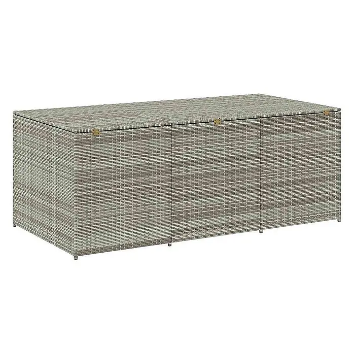 Furnicato Garten-Aufbewahrungsbox - Grau, Naturmaterialien - Große rechteckige Outdoor-Aufbewahrungsbox aus meliertem grauem Rattan-Geflecht mit abnehmbarem Deckel und kurzen Füßen.