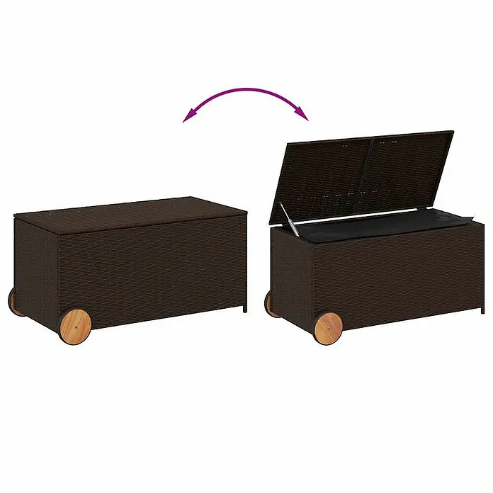Furnicato Garten-Aufbewahrungsbox - Braun, Naturmaterialien - Dunkelbraune Rattan-Gartenbox mit Holzrädern, geschlossen und offen mit schwarzer Innenverkleidung.