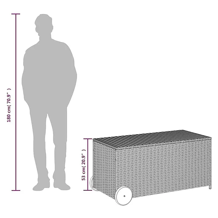 Furnicato Garten-Aufbewahrungsbox - Braun, Naturmaterialien - Flechtoptik-Aufbewahrungsbox mit Rädern, 53 cm hoch, neben einer 180 cm großen Person als Größenvergleich.