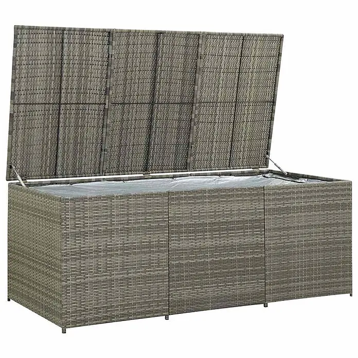 Furnicato Garten-Aufbewahrungsbox - Grau, Naturmaterialien - Graue Aufbewahrungsbox in Rattan-Optik mit geöffnetem Deckel, der eine schützende Innenverkleidung zeigt.