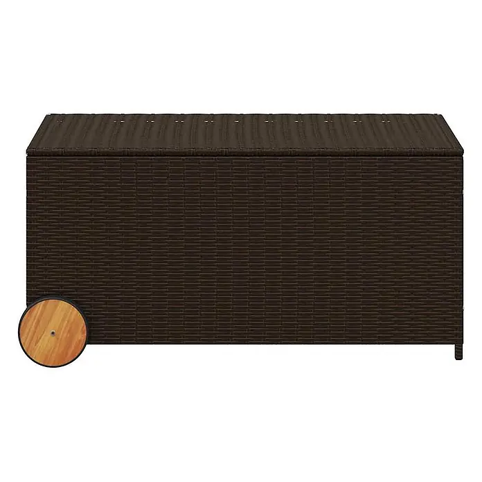 Furnicato Garten-Aufbewahrungsbox - Braun, Naturmaterialien - Dunkelbraune Rattan-Aufbewahrungsbox mit gewebter Textur, Deckel und Rädern an einer Seite für einfache Mobilität.