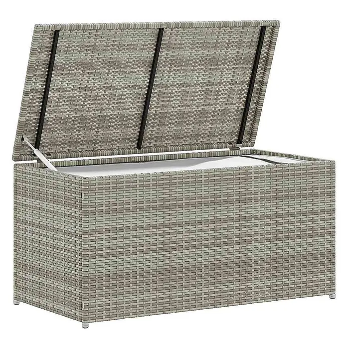 Furnicato Garten-Aufbewahrungsbox - Grau, Naturmaterialien - Graue Outdoor-Aufbewahrungsbox aus Korbgeflecht mit geöffnetem Deckel und weißem Innenfutter.