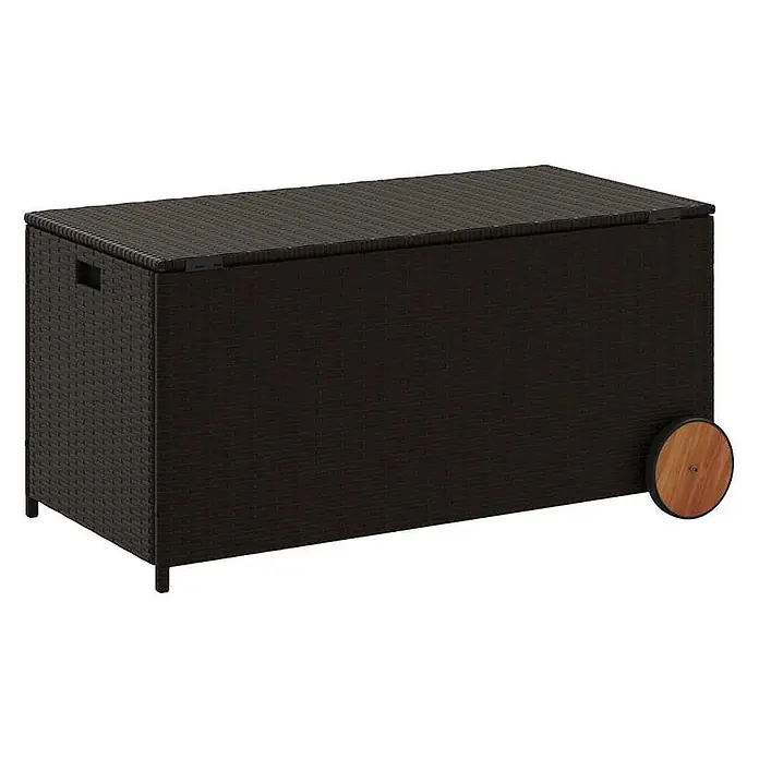 Furnicato Garten-Aufbewahrungsbox - L x B x H: 55 x 107 x 53 cm, Braun, Kunststoff - Dunkelbraune Outdoor-Aufbewahrungsbox in Rattan-Optik mit Deckel, Griffen und Holzrädern.