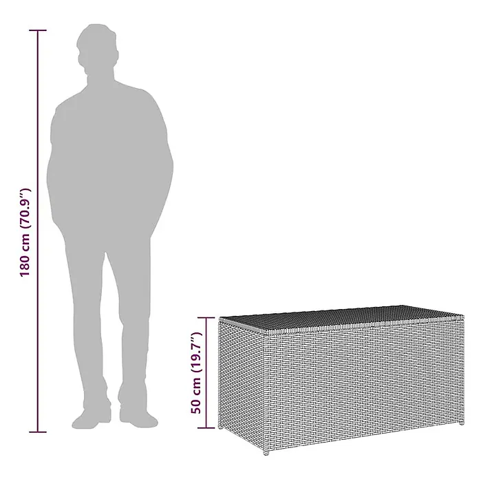 Furnicato Garten-Aufbewahrungsbox - Grau, Naturmaterialien - Dunkelgraue gewebte Aufbewahrungsbox, 50 cm hoch, zum Größenvergleich neben einer 180 cm großen Person.