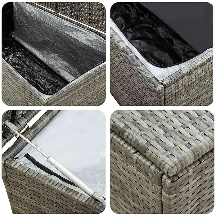 Furnicato Garten-Aufbewahrungsbox - Grau, Naturmaterialien - Graue Rattan-Optik Aufbewahrungsbox mit wasserdichter Innenplane und Gasdruckfeder für den Außenbereich.