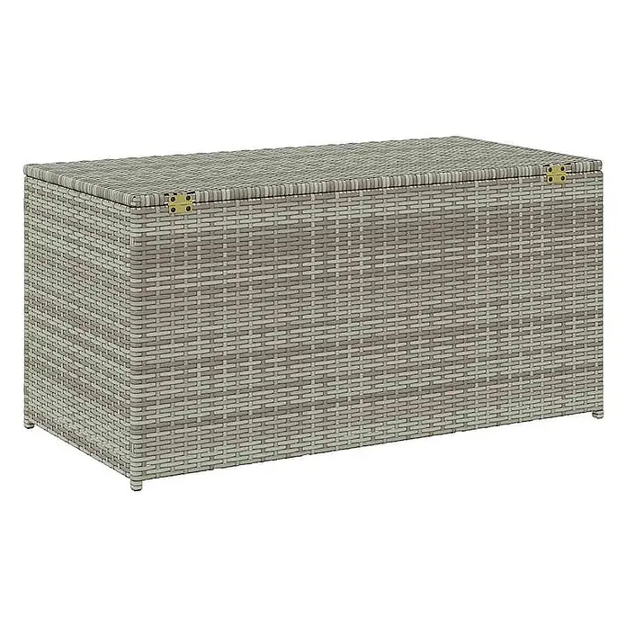 Furnicato Garten-Aufbewahrungsbox - Grau, Naturmaterialien - Rechteckige Outdoor-Aufbewahrungsbox aus zweifarbigem grau-beigem Rattan-Geflecht mit Klappdeckel und kleinen Füßen.