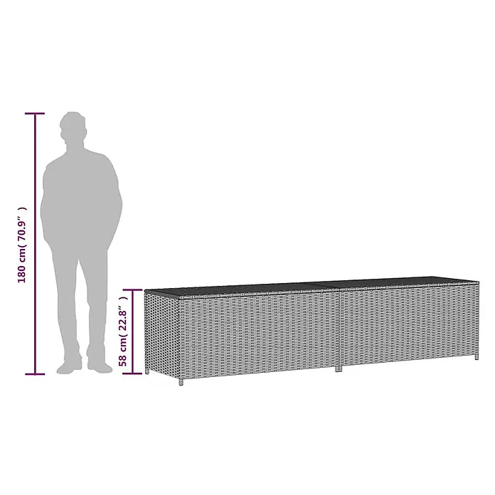 Furnicato Garten-Aufbewahrungsbox PE-Rattan - Mischung aus Beige, Kunststoff - Lange, dunkelgraue Rattan-Look-Aufbewahrungsbox mit Person zur Skalierung, 58 cm hoch.