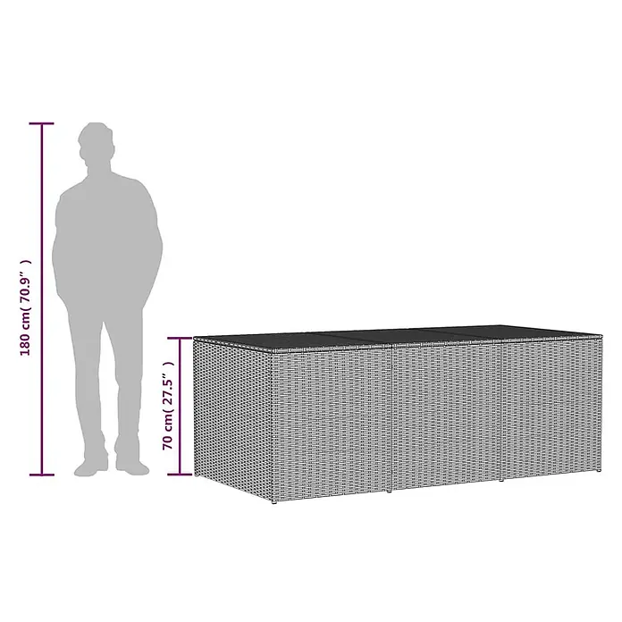 Furnicato Garten-Aufbewahrungsbox PE-Rattan - Mischung aus Beige, Kunststoff - Dunkle geflochtene Rattan-Aufbewahrungsbox, 70 cm hoch, mit menschlicher Figur zum Größenvergleich.