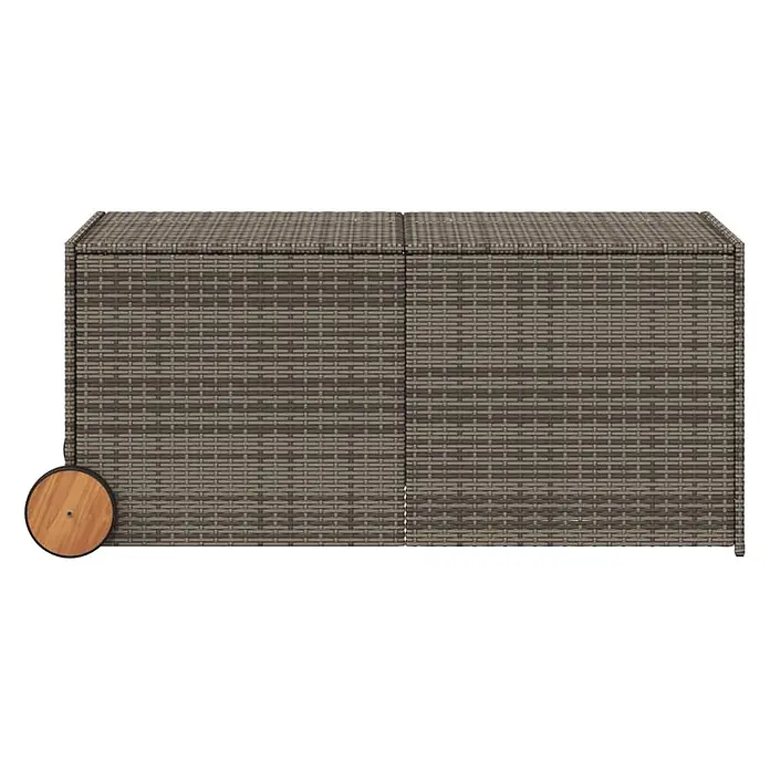 Furnicato Garten-Aufbewahrungsbox - Grau, Naturmaterialien - Braune/graue geflochtene Polyrattan Outdoor-Aufbewahrungsbox mit zwei Deckeln und einem Holzrad.