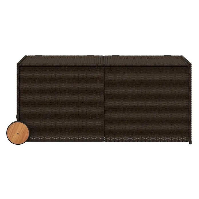 Furnicato Garten-Aufbewahrungsbox - Braun, Naturmaterialien - Braune Rattan-Optik Outdoor-Aufbewahrungsbox mit einem sichtbaren Holzrad links.