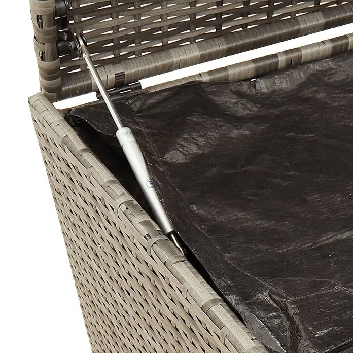 Furnicato Garten-Aufbewahrungsbox - L x B x H: 55 x 127 x 59,5 cm, Grau, Kunststoff - Offene graue Rattan-Aufbewahrungsbox mit schwarzer Innenverkleidung und Gasfeder zur Deckelhaltung.