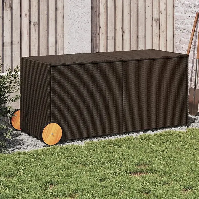 Furnicato Garten-Aufbewahrungsbox - Braun, Naturmaterialien - Dunkelbraune Rattan-Optik Gartenbox mit Rollen.