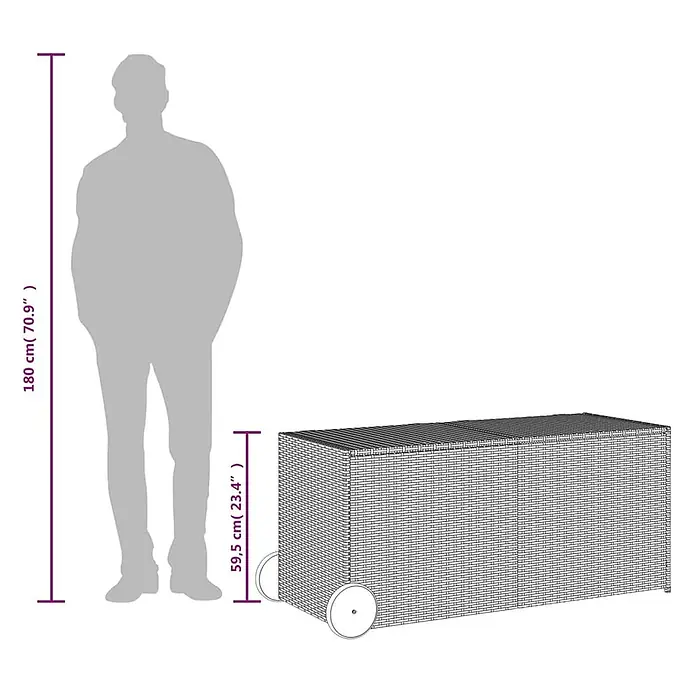 Furnicato Garten-Aufbewahrungsbox - Schwarz, Naturmaterialien - Garten-Aufbewahrungsbox in Rattan-Optik mit Rollen, im Größenvergleich mit einer Person.