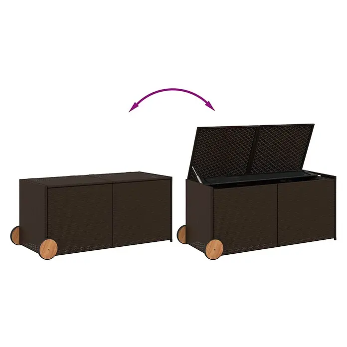 Furnicato Garten-Aufbewahrungsbox - L x B x H: 55 x 127 x 59,5 cm, Braun, Kunststoff - Dunkelbraune Rattan-Optik Aufbewahrungsbox auf Rädern, geschlossen und mit geöffnetem Deckel dargestellt.